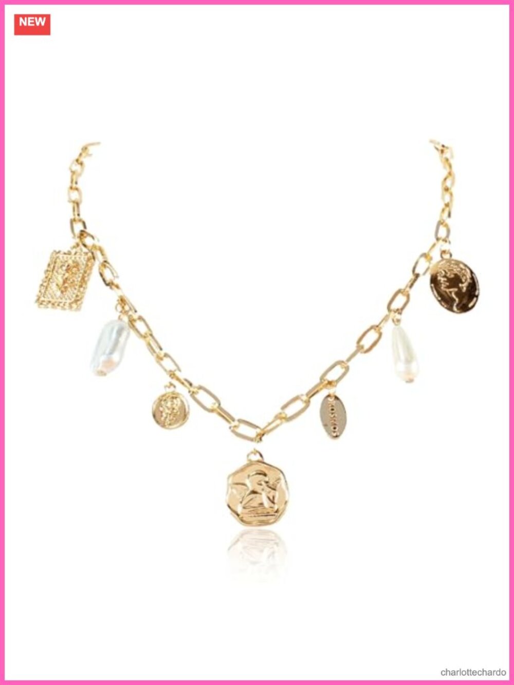 Gold Charm Necklace Beach Jewelry Women Shell Pearl Coin Paperclip Chain Boho